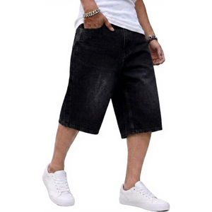 Shorts Bermuda en jean délavé noir pour homme, taille mi-haute, décontracté, en coton, style streetwear, été, coupe droite, tricoté, avec braguette boutonnée, couleur unie - Product Image 1