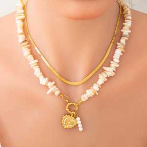 Collier en acier inoxydable avec pendentif cœur en pierre naturelle et perle, plaqué or 18 carats, chaîne de clavicule, bijoux de mode pour femmes - Product Image 1