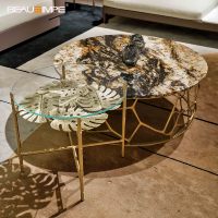 Table basse en cuivre doré de qualité supérieure, série Sioraf, plateau en marbre Galaxy, meubles élégants et luxueux pour salon, décoration moderne