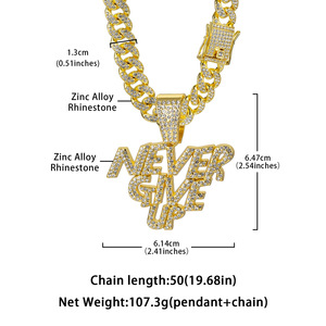 Collana a catena a maglie cubane in stile euro-americano, nuova, hip hop, in lega di zinco dorata, con ciondolo in lega e diamanti incastonati, design unico 'Never Give Up' - Product Image 4