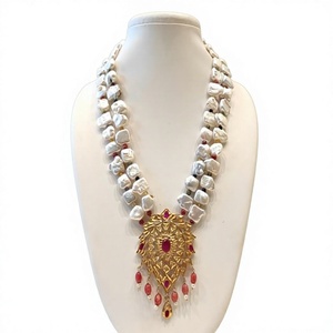 Dazzling Premium Quality Brass Beaded Real Rubies Emeralds <b>Blue</b> Sapphire and Yellow Sapphire with Mother of Pearls <b>Necklace</b> Set - Product Image 2