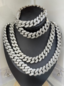 Ensemble collier et bracelet chaîne cubaine plaqué argent pour homme avec strass en cristal, bijoux hip-hop tendance - Product Image 1