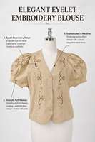 Chemisier femme kaki brodé à œillets, col en V, manches ballon, boutonnage frontal, style vintage, coupe courte, chemise unie d'été