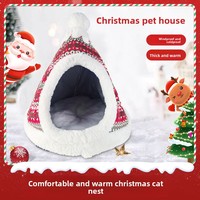 Nouvelle Maison pour Animaux de Compagnie Semi-fermée, Chaude et Résistante à l'Usure, Multi-fonctions, pour Toutes Saisons, avec Chapeau de Noël, Idéale pour l'Hiver et les Fêtes de Noël - Nid pour Chat