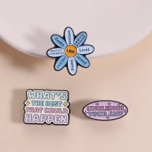 En gros, épingles en métal, broches et badges pour vêtements, mignons, style dessin animé, avec citations motivantes 'Love Yourself' et motifs floraux - Product Image 4