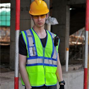 เสื้อกั๊กนิรภัยตาข่ายสองโทนสะท้อนแสงสีฟ้าสีเหลืองพร้อมกระเป๋าชุดทำงานเทปสะท้อนแสง - Product Image 5