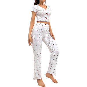 Vêtements de nuit pyjamas européens <span class=keywords><strong>et</strong></span> américains imprimé amour col en V pyjamas à manches courtes pantalons d'extérieur pour femmes costume deux pièces - Product Image 5