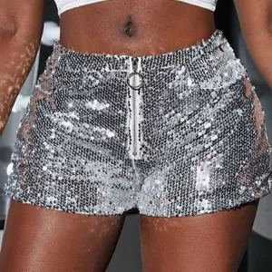 Nieuwkomers Damesclubfeest Glitter Zilveren Zwarte Korte Broek Sexy Pailletten Met Rits