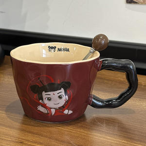 Nezha Ceramic <b>Mug</b> With Spoon Cartoon Design Red Beige Color For Gift Office Home Use - Product Image 4