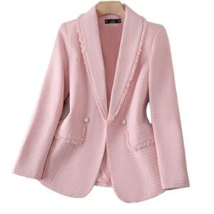 <b>Pink</b> Women's <b>Tweed</b> Blazer Long Sleeve Pearl Button Lapel <b>Jacket</b> High-End Fashion Coat For Office Wear - Product Image 5