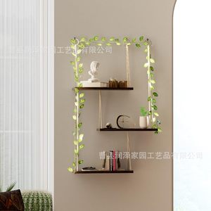 Wall Mounted Hemp <b>Rope</b> Shelf 3 Tier Wooden With Led <b>Lights</b> And Vine Decor For Living Room Storage Display Rack - Product Image 4