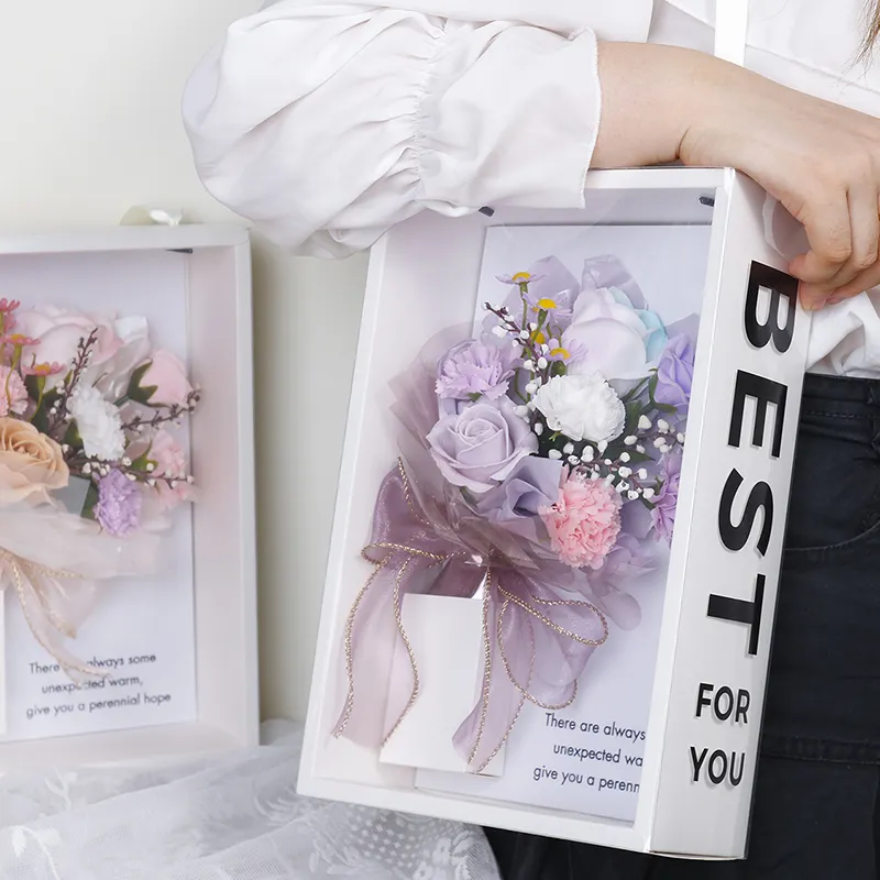 2022 yeni varış yüksek kaliteli sabun çiçek hediye kutusu ambalaj çiçek buketi sevgililer günü gül fotoğraf çerçevesi buket omuzdan askili çanta