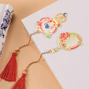 Marque-page en métal créatif, série mini-fleurs, en laiton avec pompon, motif chinois classique, en stock, cadeaux exquis et abordables - Product Image 2