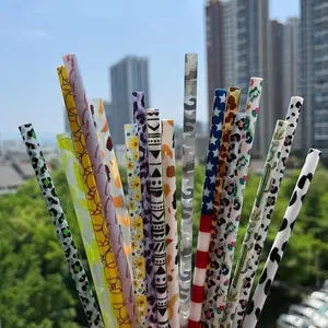 Wholesale Individually Wrapped Sharp Assorted Colors Reusable Cheetah PP Hard Plastic Printed Drinking Straws