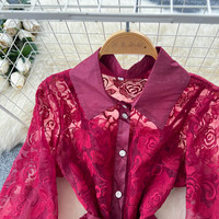 Robe longue élégante pour femmes, en dentelle, patchwork, manches longues, coupe évasée, décontractée, avec ceinture, boutonnée, pour tous les jours