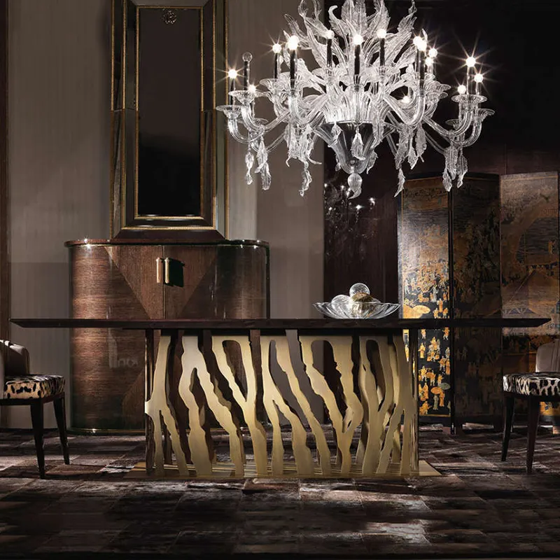 Interieur italienischen Esstisch Dekor Gold Edelstahl Basis mit rechteckigen Holzplatte bestes Design moderne Esstische