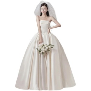 White Strapless Satin Wedding Dress Empire Waist A-Line Minimalist Design For Photoshoots - Product Image 4