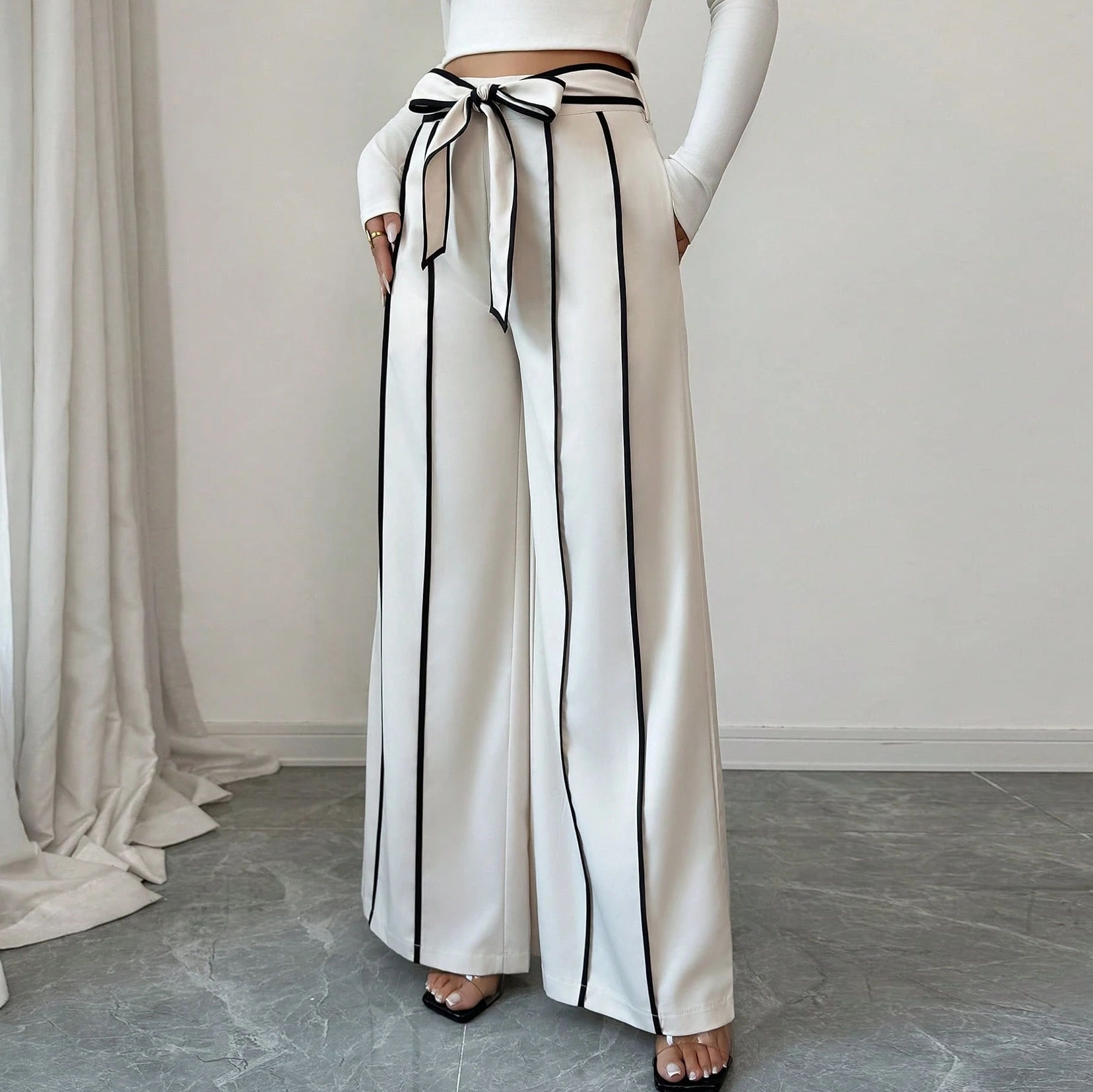 Belted Palazzo Pants - High Waist Loose Trousers
