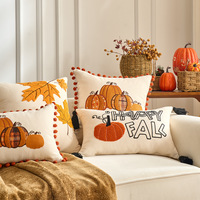 Coussin rectangulaire populaire pour Halloween et Thanksgiving, avec broderie de feuille d'érable et de citrouille, style dessin animé, fermeture éclair