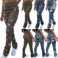 Calça e calça feminina cintura alta, perna larga de veludo dourado, calças femininas