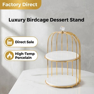 2 Tier <strong>Gold</strong> Birdcage Cake Stand with 8 Inch Porcelain Plates Factory Direct Luxury Dessert Server Bulk Discount - Product Image 1