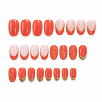 H004-3 Kaixin Faux Ongles Courts Carrés à Coller Rouge Corail avec Motif Spirale Doré et Pointe Française Brillante en Feuille d'Or – Vente en Gros