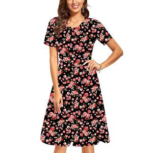 2025 nouvelle vente <span class=keywords><strong>Style</strong></span> <span class=keywords><strong>bohème</strong></span> femmes dames imprimé fleuri col rond décontracté ample à manches courtes robe - Product Image 1