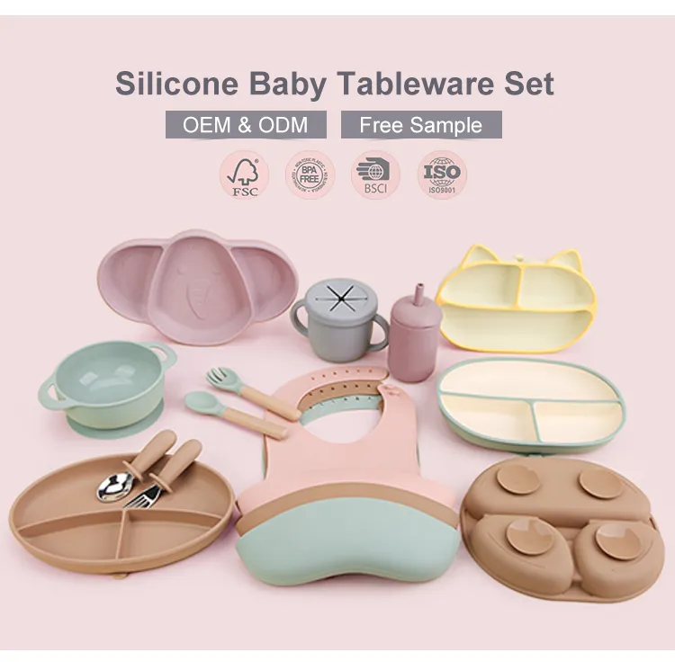 Amostra grátis de produtos de silicone para bebês, conjunto personalizado com bandeja para bebês recém-nascidos, conjunto de silicone para enfermagem infantil