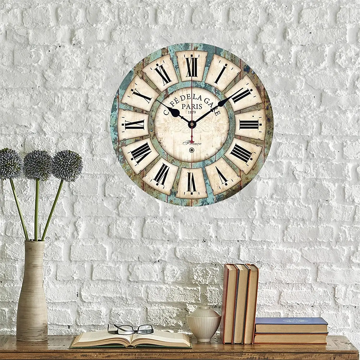 30.48cm Silent Round Wooden Wall Clock Rustic Style Battery Powered Vintage Farmhouse Walls Decorate Living Room Kitchen Bed