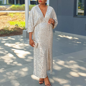 <span class=keywords><strong>Robe</strong></span> de soirée élégante et tendance D3308, col en V, <span class=keywords><strong>fendue</strong></span>, manches longues, à sequins, pour femme, idéale pour les fêtes, l'église ou les occasions africaines. - Product Image 4