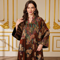 Robe longue musulmane pour adultes, style vintage, imprimé floral, col montant, manches évasées brodées, en polyester respirant, type Abaya Kaftan