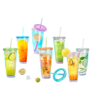 Custom 12oz 16oz 22oz Reusable Travel Ice Coffee Water Bottle Double Wall Tumblers Clear Juice <b>Plastic</b> Cup With <b>Straw</b> and Lid - Product Image 5