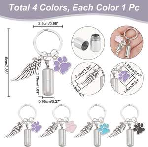 NBEADS 4-delige 4-kleuren legering huisdier as gedenk-sleutelhanger met pootafdruk & engelenvleugels ontwerp voor honden/katten crematie aandenken - Product Image 2