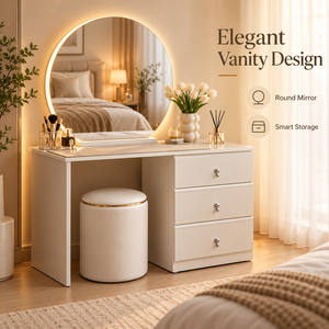 Set Toeletta con Specchio Arcuato, Cassettiera a Tre Cassetti, Pouf Cilindrico, Corpo in Pannelli Crema per Camera da Letto, Casa e Salone di Bellezza - Product Image 2