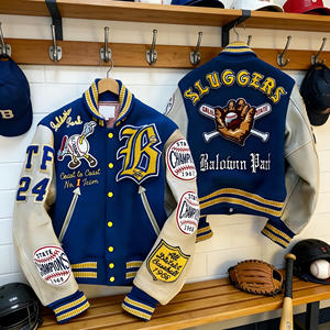 جاكيت بيسبول فاخر مخصص من المصنع، جاكيت فارسيتي للرجال بأكمام جلدية ورقعة مخصصة - Product Image 1