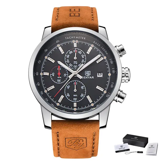Benyar 5102นาฬิกาข้อมือควอตซ์สำหรับผู้ชาย,นาฬิกาข้อมือควอตซ์สายหนังสุดหรูกันน้ำจับเวลาได้สินค้าจำหน่ายนาฬิกาข้อมือ