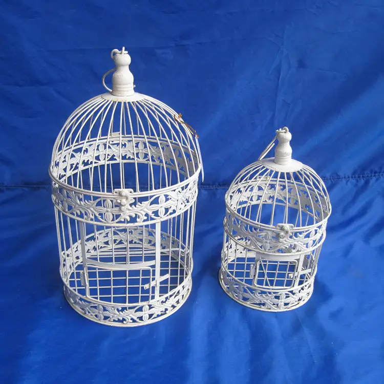 Ucuz fiyatlar beyaz yuvarlak dekoratif asılı Vintage Metal kuş kafesi standı