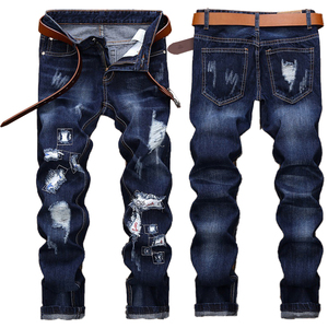 <span class=keywords><strong>Jean</strong></span> Stretch <span class=keywords><strong>déchiré</strong></span> <span class=keywords><strong>bleu</strong></span> foncé pour hommes, bas prix d'usine - Product Image 1