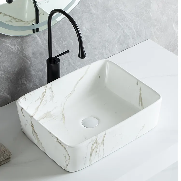 Comptoir mince vanité Design haut de gamme salle de bains lavage à la main vente chaude bassin d'impression par transfert d'eau pour hôtel