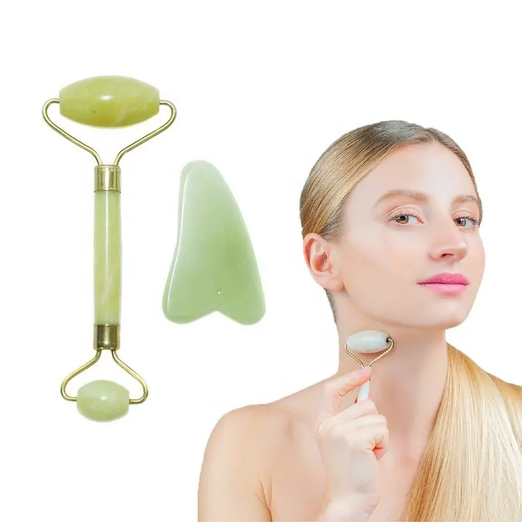 Premium Quality Facial Beauty Tools Massager Natural Crystal Stone Xiuyan Jade Roller with Gua sha Stone for Face Massage Set