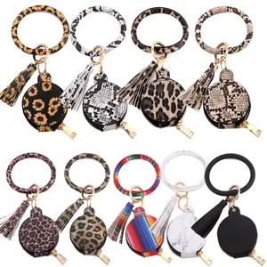 בסיטונאות מזהה מחזיק keyring-Leather Tassel Keychain Bracelet Protective Case for Earphone with Makeup Mirror ID Card Holder Coin Purse Keyrings Kimter-B337F