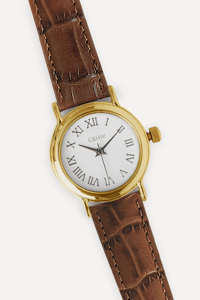 Montre-bracelet classique GBHW en or blanc, montre à quartz de luxe marron, élégante montre analogique pour femmes avec bracelet en cuir - Product Image 6