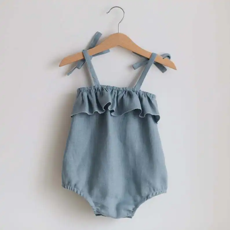 Baju Monyet Bayi Perempuan Katun Linen Polos, Baju Terusan Katun Linen, Kawat Gigi Lipit Simpul Kupu-kupu untuk Bayi Baru Lahir Musim Panas