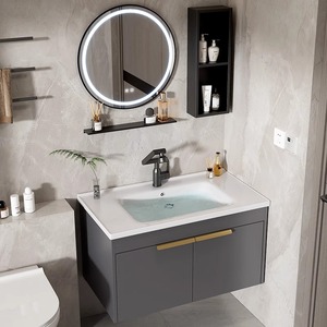 Luxury Modern Design Wall Mounted Vanity with Aluminum Mirror Space Saving <strong>Bathroom</strong> Wash Basin <strong>Cabinet</strong> for Hotels - Product Image 4