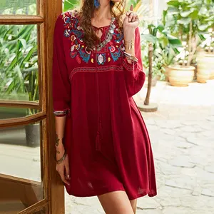 Summer Dress Women Clothes Red Loose Ruffles Plus Size Skirt Round Neck Embroidery Ladies Mini Dress Lace-up Pullover