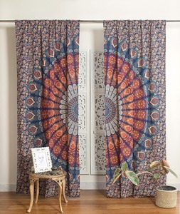Panneaux de rideaux indiens hippies bohèmes magnifiques motif paon mandala bleu multicolore - Product Image 1