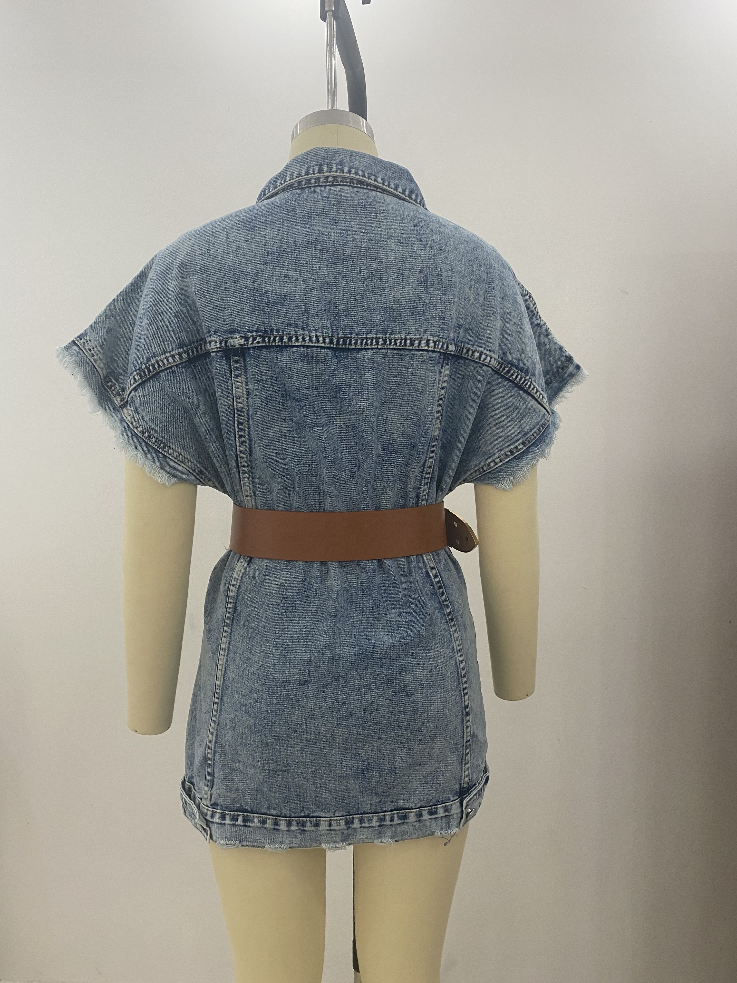 Loose Fit Sleeveless Long Jeans Waistcoat Dress Single Buttoned Turn Down Collar Ribbed Plus Size Women Denim Jackets Vest Dress
