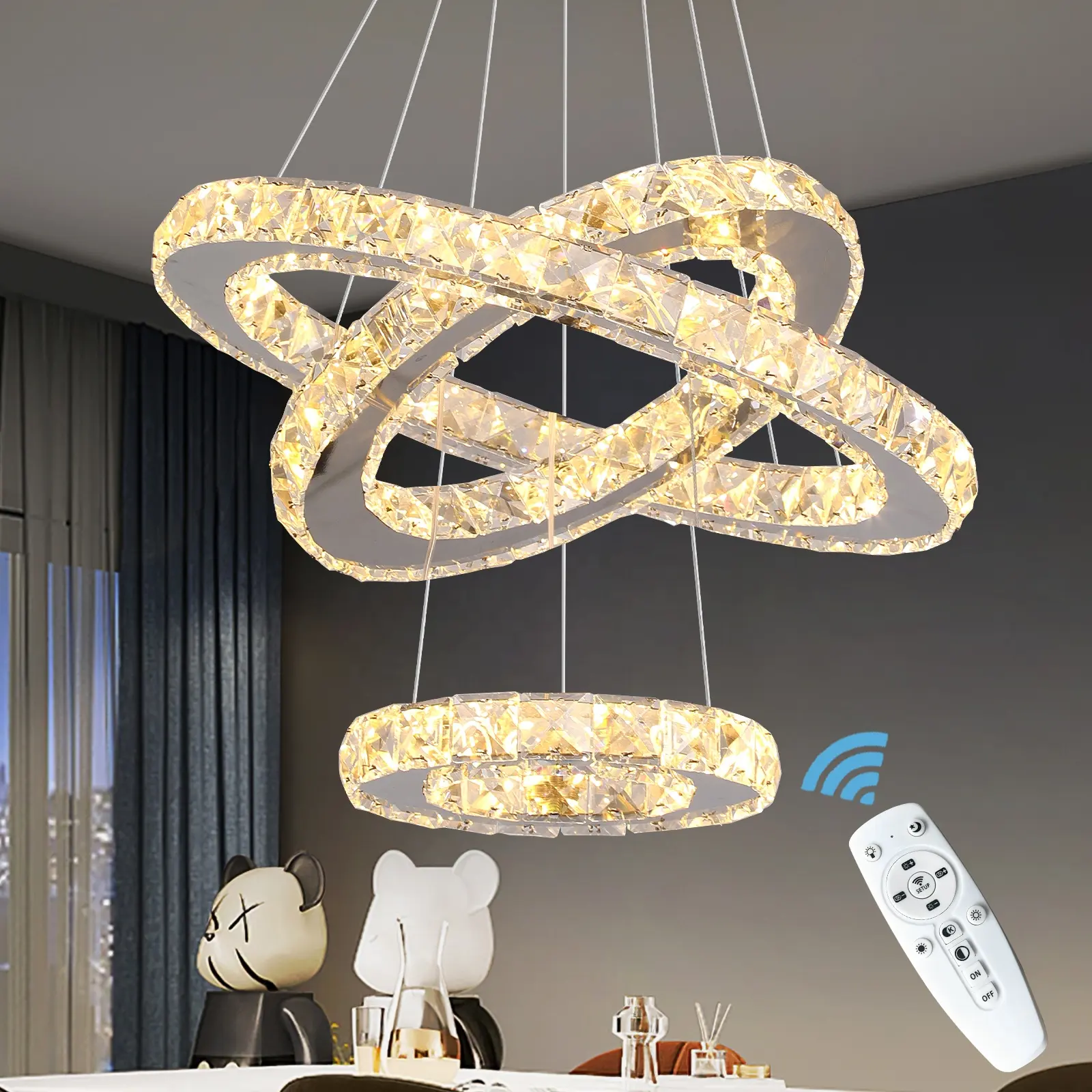 Lámparas colgantes de iluminación de cristal para hoteles de 47W, candelabros de 3 anillos remotos modernos para el hogar y luces colgantes