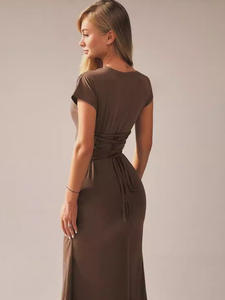 Spring New Fashion Temperament Regular Fit Vintage Sweet Solid High Waist <b>Pleated</b> Lace-up Short Sleeve Ladies Elegant Evening - Product Image 5