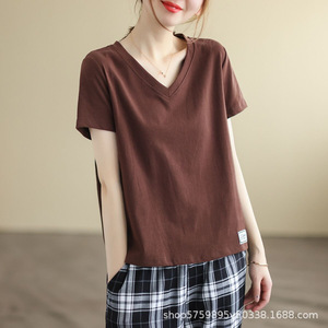 Women V-Neck Short Sleeve T-Shirt Loose Fit Breathable Jersey <b>Top</b> Casual <b>Patchwork</b> Base Layer Summer Wear - Product Image 2